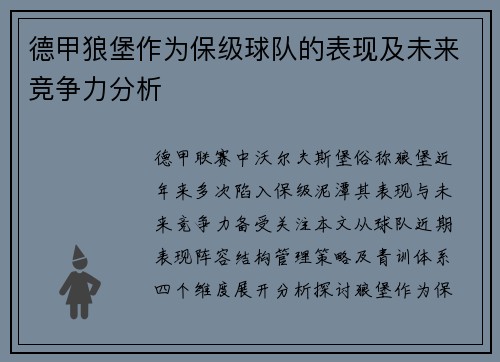 德甲狼堡作为保级球队的表现及未来竞争力分析