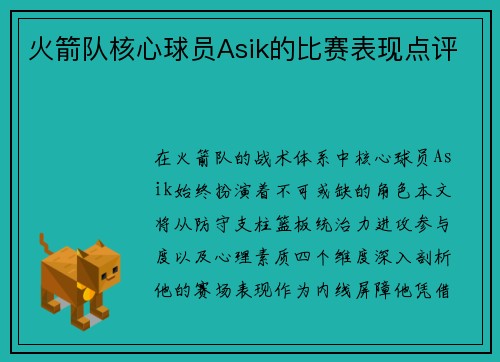 火箭队核心球员Asik的比赛表现点评