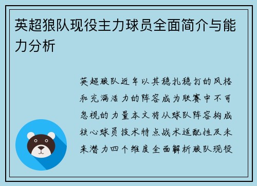 英超狼队现役主力球员全面简介与能力分析